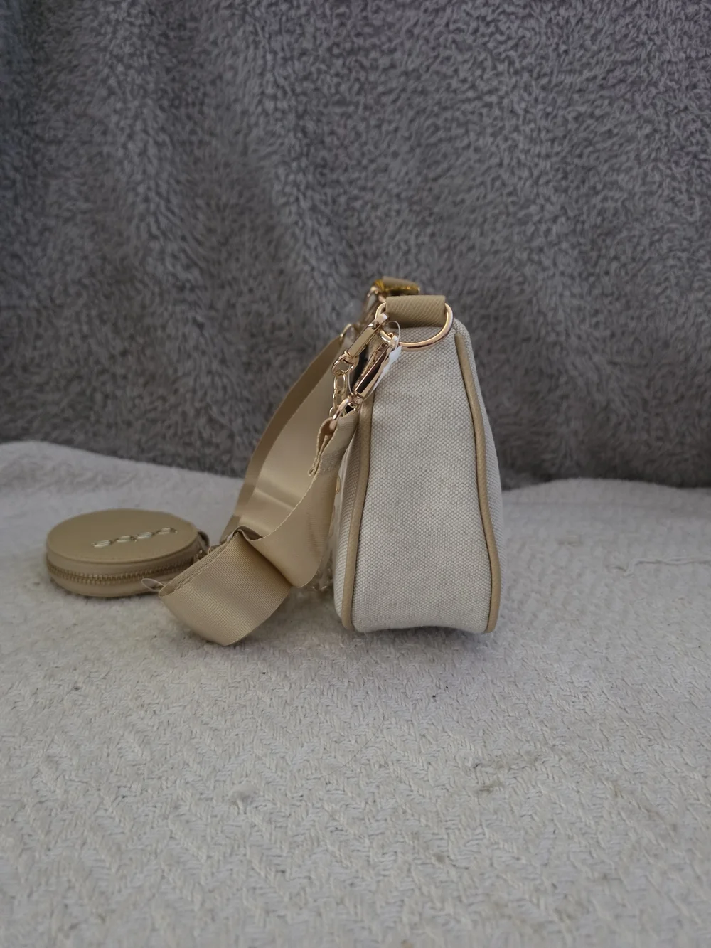 bebe Paisley Canvas Crossbody Bag with Coin Purse in the Almond